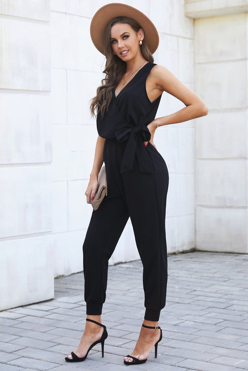 Deep V-Neck Sleeveless Solid Jumpsuit